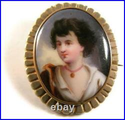 C1890 Victorian Hand Painted Miniature Portrait French Cameo Young Lady Brooch