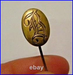 CXK Vintage Victorian 14K Gold 3/4 Stick Lapel Pin Hand Engraved Letter B 2g