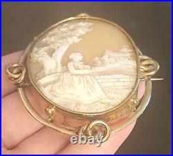 C. 1870 Rare! 3 Inch Hand Carved Shell Scenic School Teacher Cameo Brooch