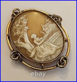 C. 1870 Rare! 3 Inch Hand Carved Shell Scenic School Teacher Cameo Brooch