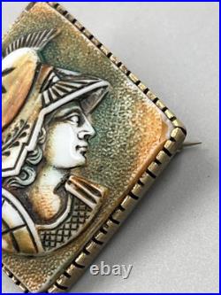 Cameo Brooch Antique 19th God Hermes Victorian Style Hand Carved Brass Shell Pin