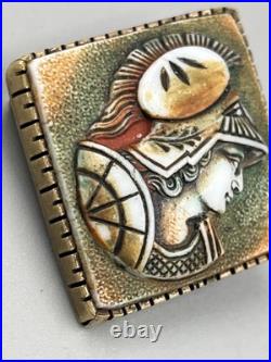 Cameo Brooch Antique 19th God Hermes Victorian Style Hand Carved Brass Shell Pin
