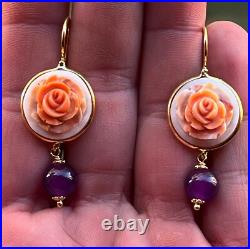 Cameo hand carved earrings georgeus Antique stile VICTORIAN FLOWER+ amethyst