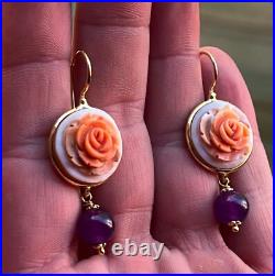 Cameo hand carved earrings georgeus Antique stile VICTORIAN FLOWER+ amethyst