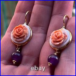 Cameo hand carved earrings georgeus Antique stile VICTORIAN FLOWER+ amethyst