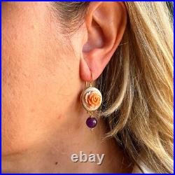 Cameo hand carved earrings georgeus Antique stile VICTORIAN FLOWER+ amethyst