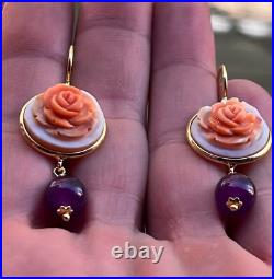 Cameo hand carved earrings georgeus Antique stile VICTORIAN FLOWER+ amethyst