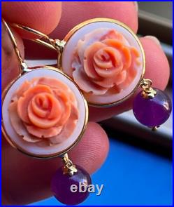 Cameo hand carved earrings georgeus Antique stile VICTORIAN FLOWER+ amethyst