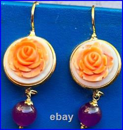Cameo hand carved earrings georgeus Antique stile VICTORIAN FLOWER+ amethyst