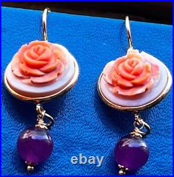 Cameo hand carved earrings georgeus Antique stile VICTORIAN FLOWER+ amethyst