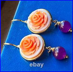 Cameo hand carved earrings georgeus Antique stile VICTORIAN FLOWER+ amethyst