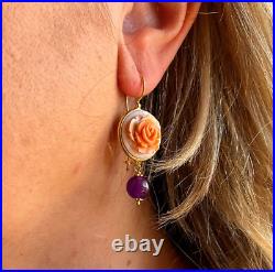 Cameo hand carved earrings georgeus Antique stile VICTORIAN FLOWER+ amethyst