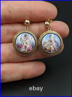 Cherub Earrings 14K Gold Antique Victorian Hand Painted Miniature Plaque Putti