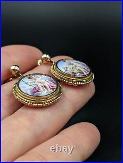 Cherub Earrings 14K Gold Antique Victorian Hand Painted Miniature Plaque Putti