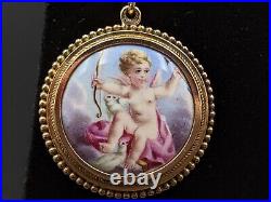 Cherub Earrings 14K Gold Antique Victorian Hand Painted Miniature Plaque Putti