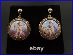 Cherub Earrings 14K Gold Antique Victorian Hand Painted Miniature Plaque Putti