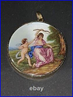 Cherub Pendant 14K Gold Antique Victorian Hand Painted Miniature Cupid & Venus