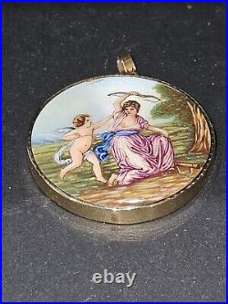 Cherub Pendant 14K Gold Antique Victorian Hand Painted Miniature Cupid & Venus
