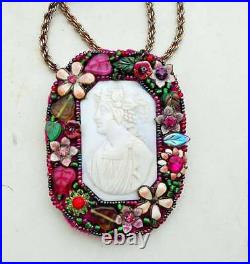 Christmas Cameo Large Angel Skin Poinsettia Berries Fuchsia, Pink Green Necklace
