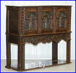 Circa 1700 English Oak Hand Carved Gothic Jacobean Style Large Cupboard Bureau