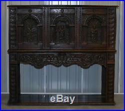 Circa 1700 English Oak Hand Carved Gothic Jacobean Style Large Cupboard Bureau