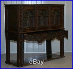 Circa 1700 English Oak Hand Carved Gothic Jacobean Style Large Cupboard Bureau