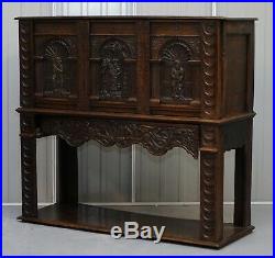 Circa 1700 English Oak Hand Carved Gothic Jacobean Style Large Cupboard Bureau