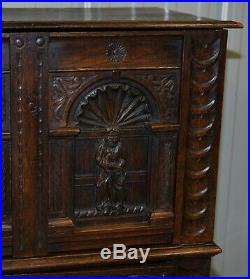 Circa 1700 English Oak Hand Carved Gothic Jacobean Style Large Cupboard Bureau