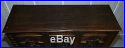 Circa 1700 English Oak Hand Carved Gothic Jacobean Style Large Cupboard Bureau