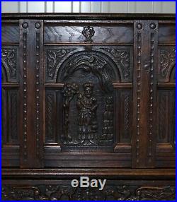 Circa 1700 English Oak Hand Carved Gothic Jacobean Style Large Cupboard Bureau