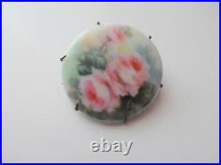 Civil War Antqe Victorian Hand Painted Flower Porcelain Ceramic Pin Brooch Brass