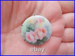 Civil War Antqe Victorian Hand Painted Flower Porcelain Ceramic Pin Brooch Brass