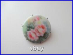 Civil War Antqe Victorian Hand Painted Flower Porcelain Ceramic Pin Brooch Brass