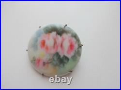 Civil War Antqe Victorian Hand Painted Flower Porcelain Ceramic Pin Brooch Brass