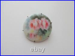Civil War Antqe Victorian Hand Painted Flower Porcelain Ceramic Pin Brooch Brass