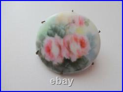 Civil War Antqe Victorian Hand Painted Flower Porcelain Ceramic Pin Brooch Brass