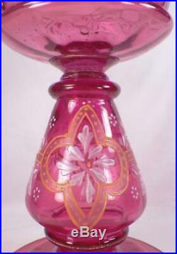 Cranberry Glass Oil Kerosene Lamp Hand Paint Czech Art Huge Antique Magnificent