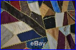 Crazy quilt silk hand made 57 x 64 lace edge Victorian antique original 1890