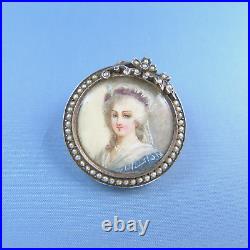Delicate Victorian Hand Painted Miniature Portrait Brooch / Sterling Silver