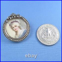 Delicate Victorian Hand Painted Miniature Portrait Brooch / Sterling Silver