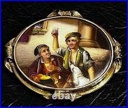 Detailed Double Portrait Dog Hand Painted Victorian 10K Oval Frame Brooch/Pin