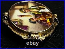Detailed Double Portrait Dog Hand Painted Victorian 10K Oval Frame Brooch/Pin