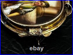 Detailed Double Portrait Dog Hand Painted Victorian 10K Oval Frame Brooch/Pin