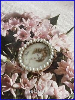 EDWARDIAN 14k Gold Hand Painted Porcelain Seed Pearls Brooch Pendant Pin