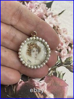 EDWARDIAN 14k Gold Hand Painted Porcelain Seed Pearls Brooch Pendant Pin