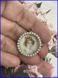 EDWARDIAN 14k Gold Hand Painted Porcelain Seed Pearls Brooch Pendant Pin