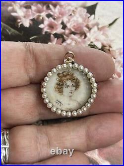 EDWARDIAN 14k Gold Hand Painted Porcelain Seed Pearls Brooch Pendant Pin