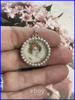 EDWARDIAN 14k Gold Hand Painted Porcelain Seed Pearls Brooch Pendant Pin