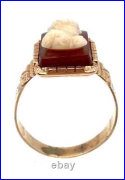 Early 1900s Victorian Hand-carved 14k Gold Carnelian Cameo Ring Size 10 4.45 g