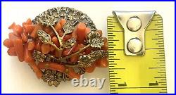 Early Victorian Coral Branch Brooch/Pin Gold Flowers Leaves Filagree Hand Wired